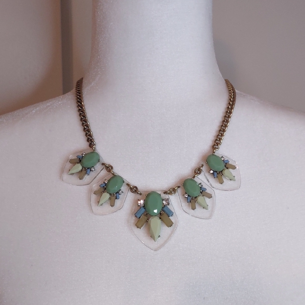 J. Crew Necklace Rhinestone Lucite Statement Brass Chain Signed With Cloth Bag